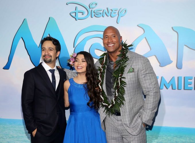 Songwriter Lin-Manuel Miranda, actors Auli'i Cravalho and Dwayne Johnson attend The World Premiere of Disneys "MOANA" at the El Capitan Theatre on Monday, November 14, 2016 in Hollywood, CA. (Photo by Jesse Grant/Getty Images for Disney) 