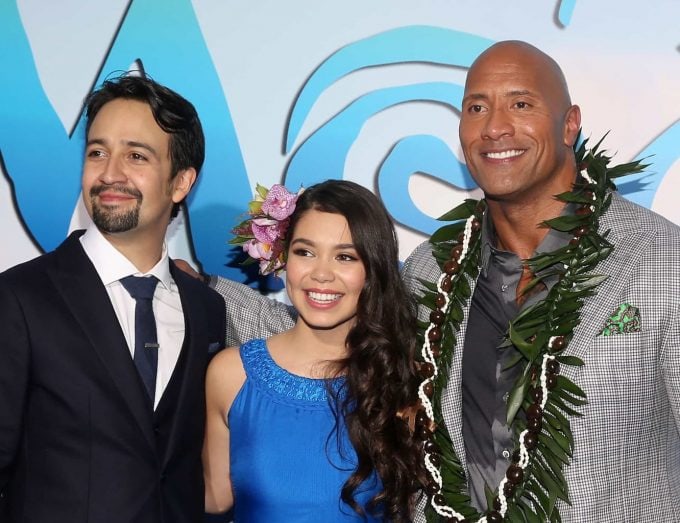 HOLLYWOOD, CA - NOVEMBER 14: (L-R) Songwriter Lin-Manuel Miranda, actors Auli'i Cravalho and Dwayne Johnson attend The World Premiere of Disney's "MOANA" at the El Capitan Theatre on Monday, November 14, 2016 in Hollywood, CA. (Photo by Jesse Grant/Getty Images for Disney) *** Local Caption *** Auli'i Cravalho; Dwayne Johnson; Lin-Manuel Miranda