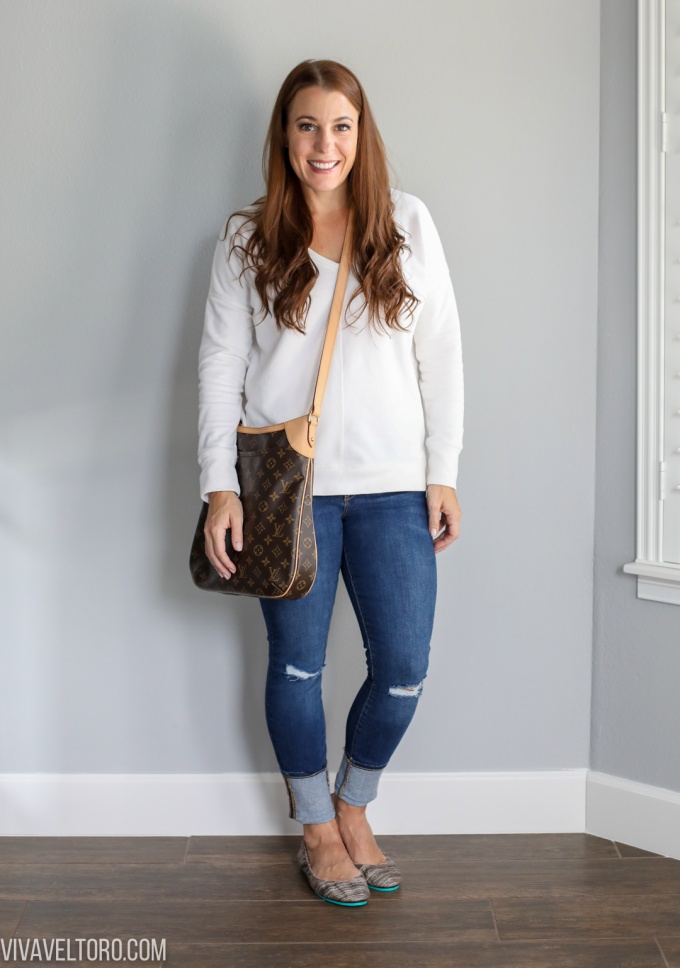 casual outfit with tieks and Louis Vuitton Odeon MM