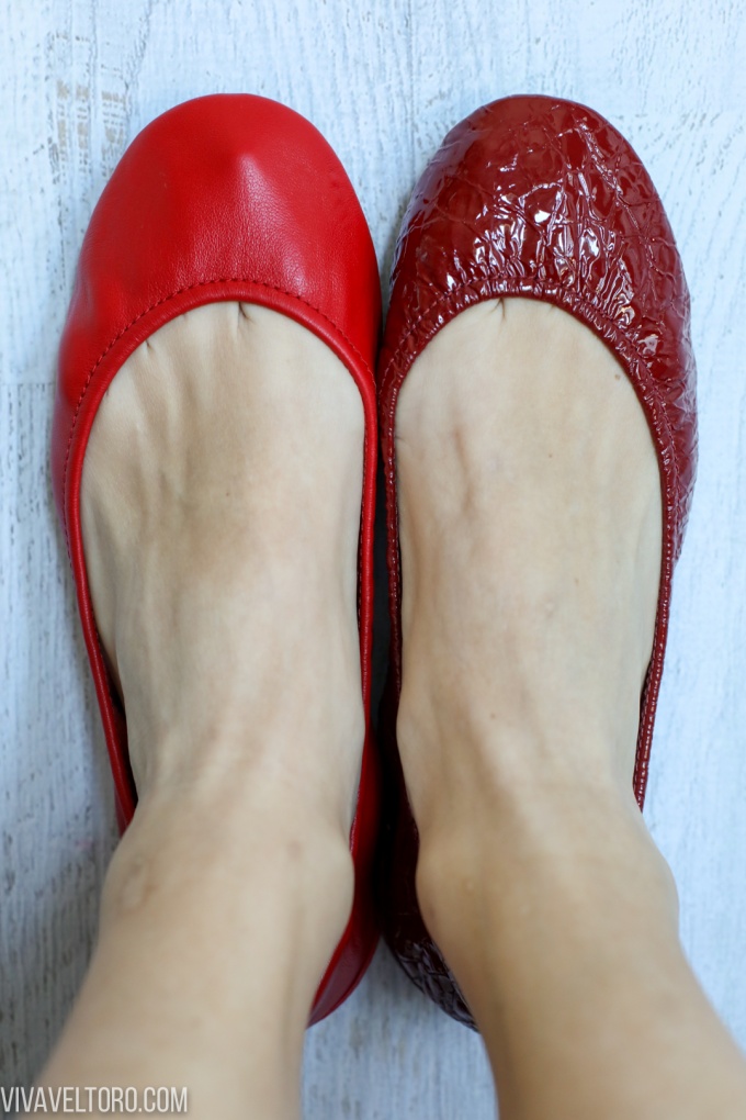  True Love Red on left and Ruby Red Croc Tieks on right